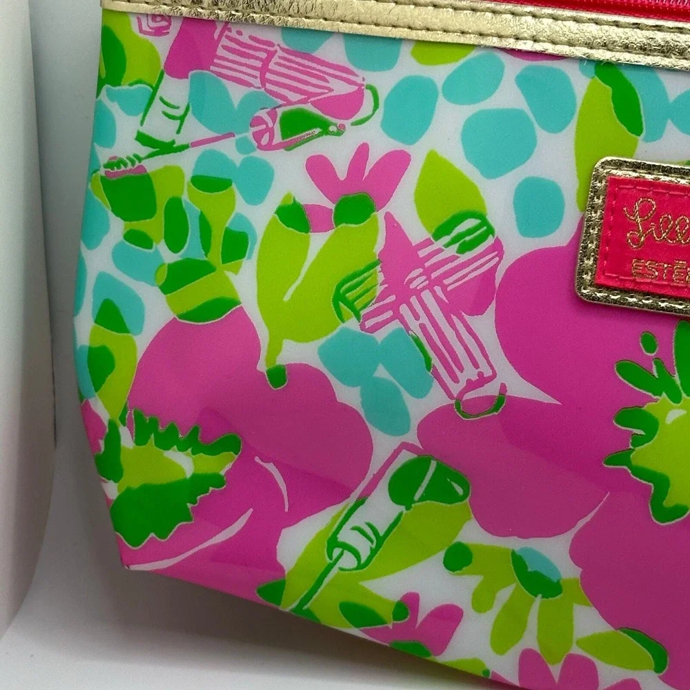 Lilly Pulitzer Estee Lauder pink green floral print zip pouch makeup bag